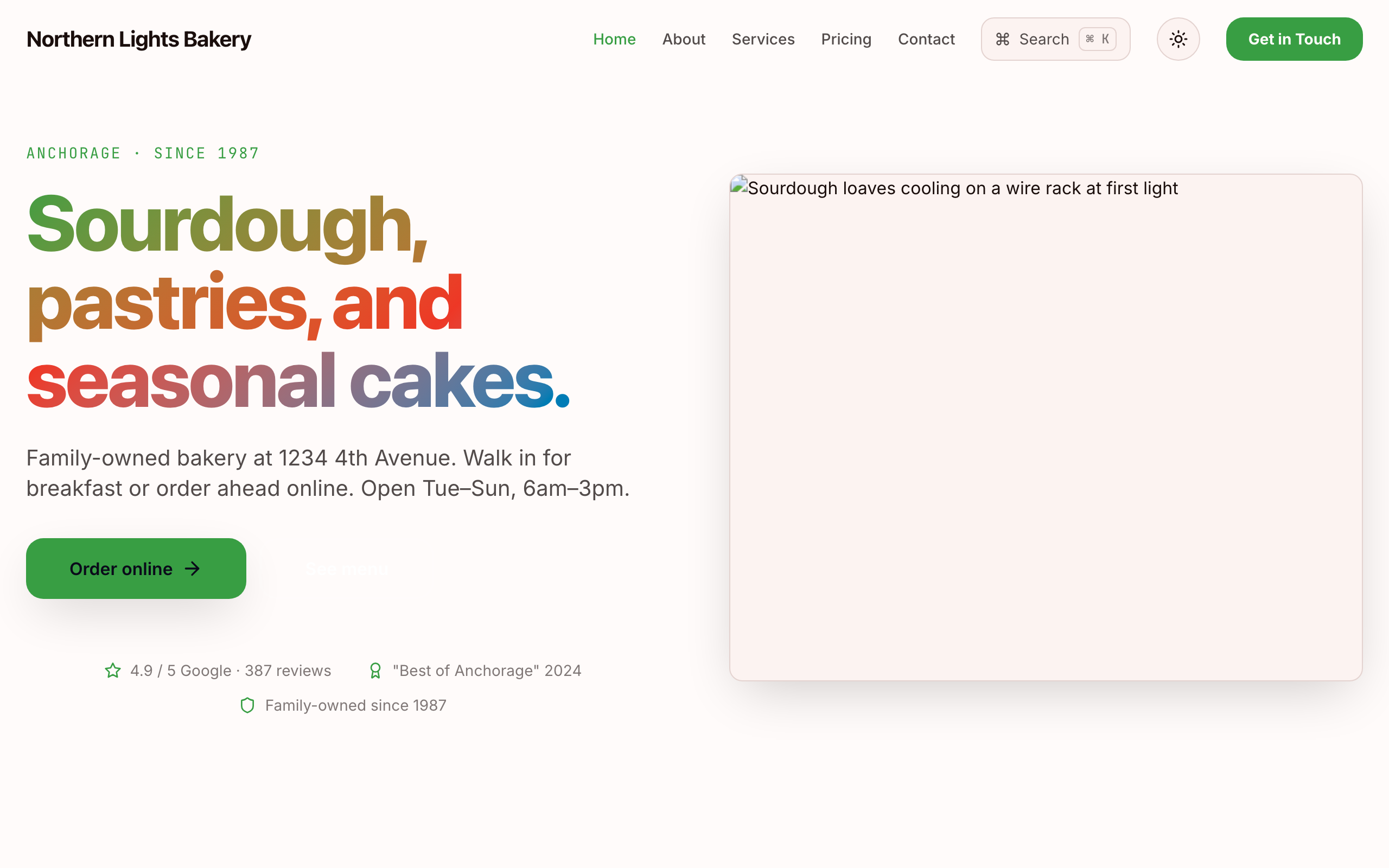 Homepage screenshot of Northern Lights Bakery